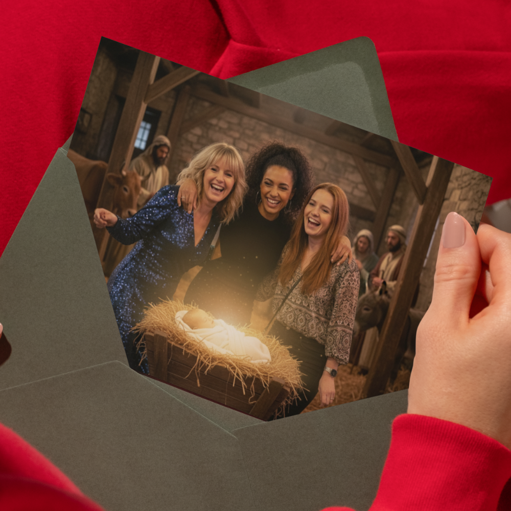 Away in a manger Christmas card | You at Jesus' birth 5x7" Greetings Card