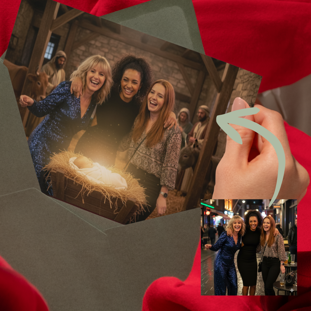 Away in a manger Christmas card | You at Jesus' birth 5x7" Greetings Card