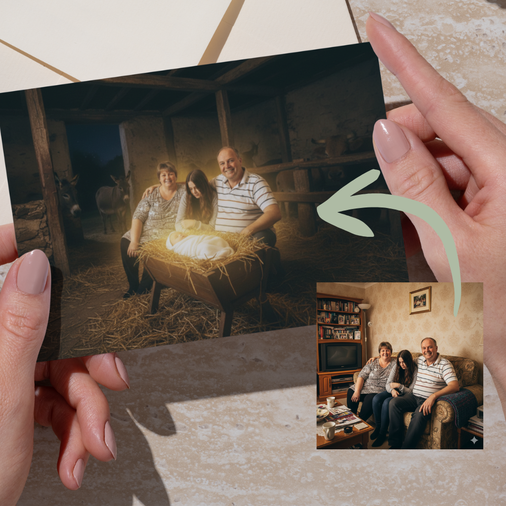 Away in a manger Christmas card | You at Jesus' birth 5x7" Greetings Card