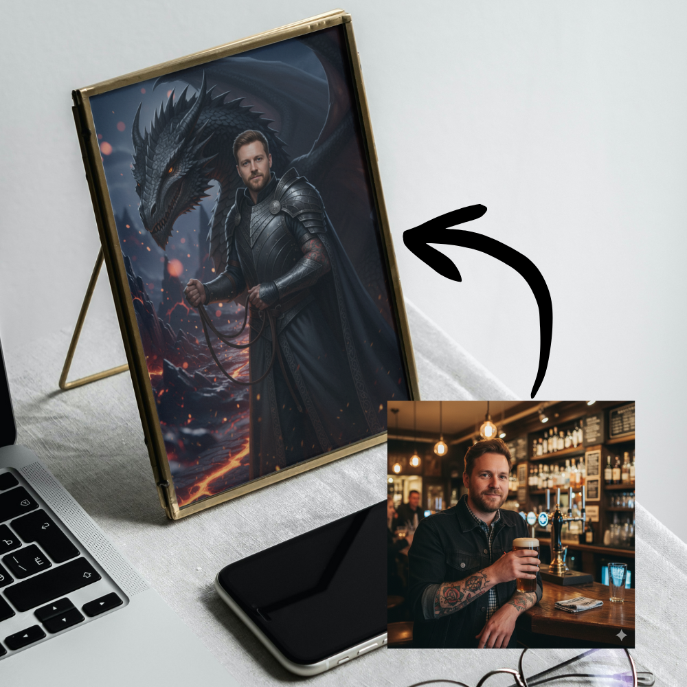 Dragon tamer poster | Totally unique portrait of you and your dragon. A4 size, unframed