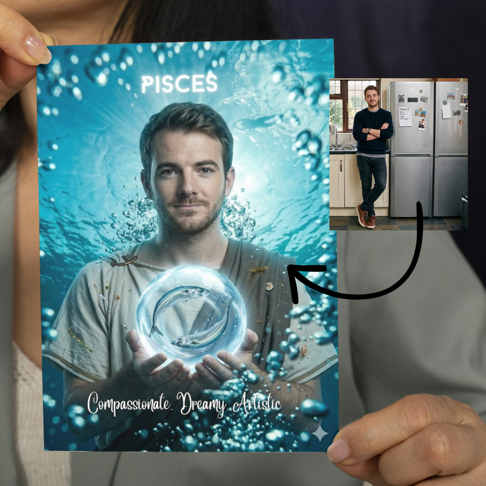Pisces horoscope personalised birthday card | Upload a photo and watch the magical transformation happen