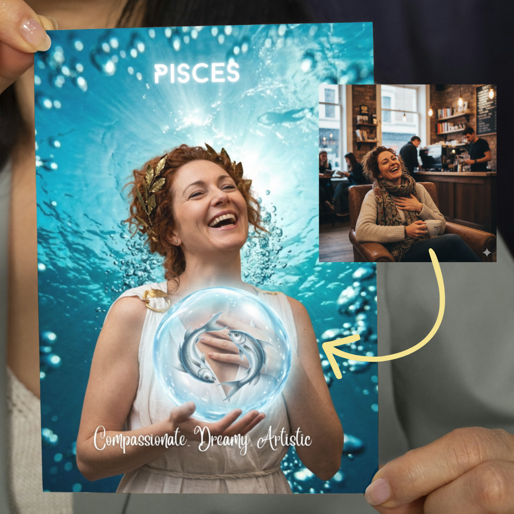 Pisces horoscope personalised birthday card | Upload a photo and watch the magical transformation happen