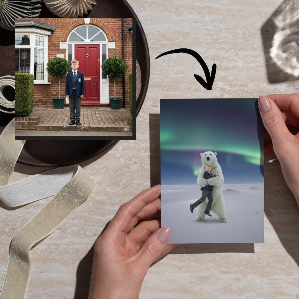 Polar bear hug personalised greetings card  5 x 7 inches