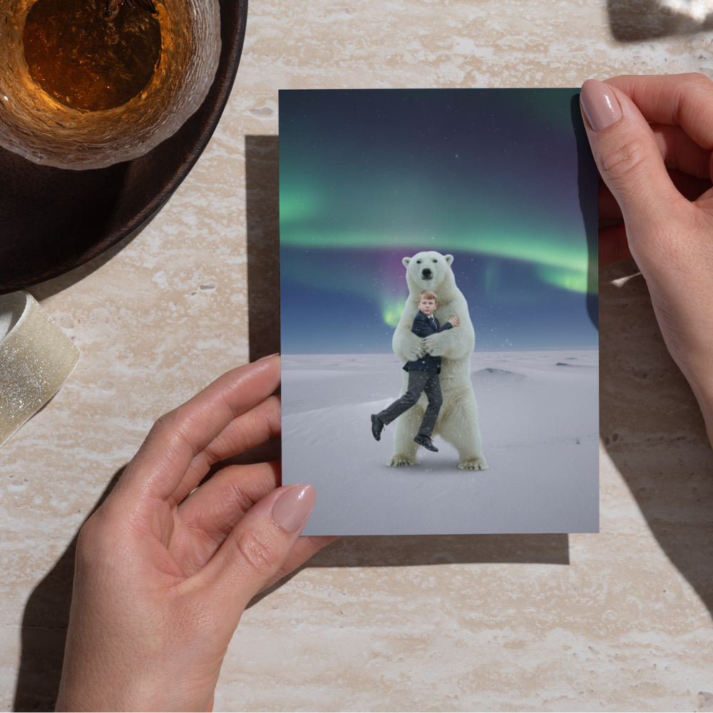 Polar bear hug personalised greetings card  5 x 7 inches